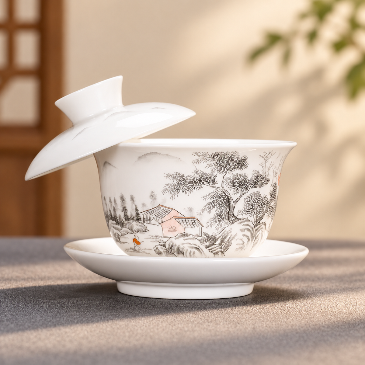 Illustrated Ceramic Gaiwans with Perched-Lid Scenes — image 4