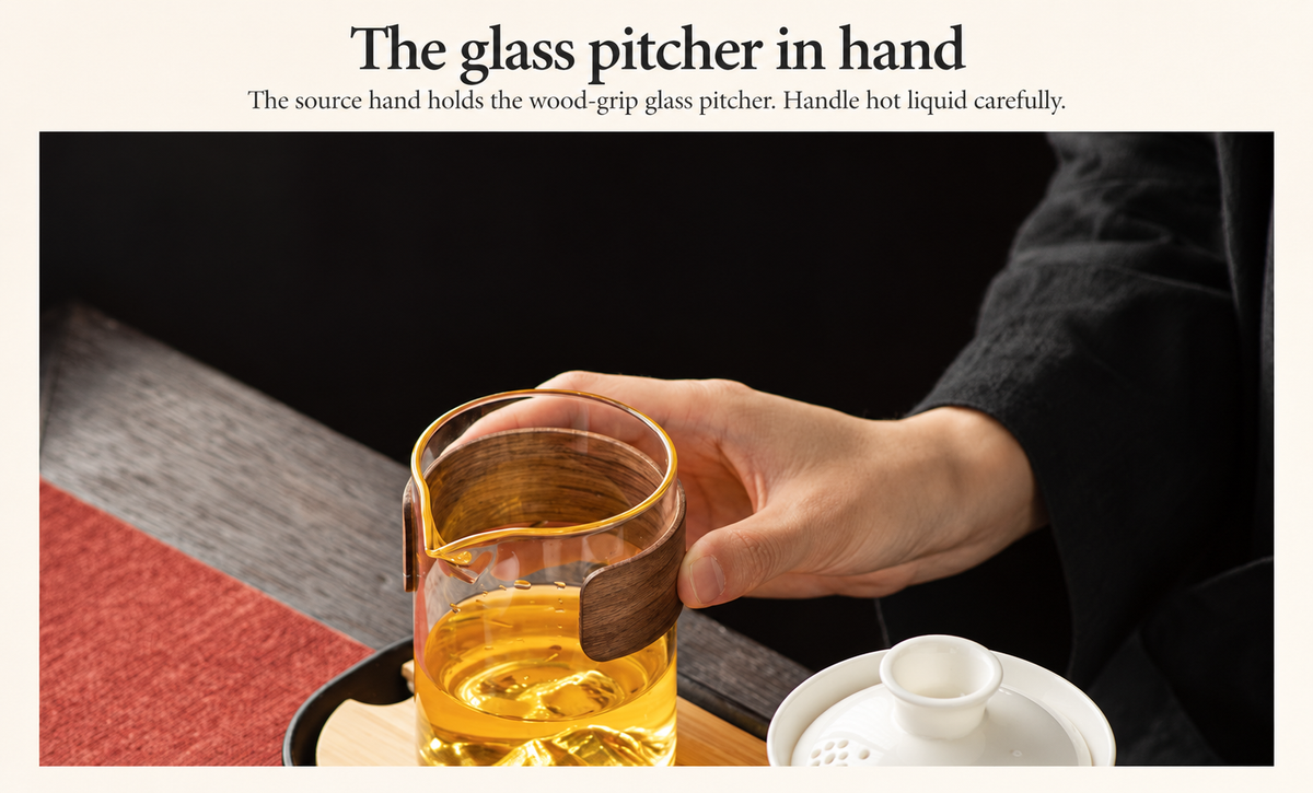The glass pitcher in hand