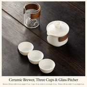 Ceramic Brewer, Three Cups & Glass Pitcher