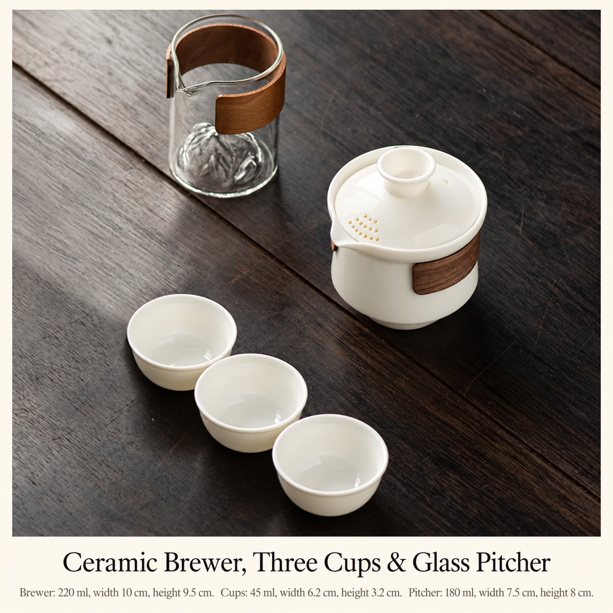 Ceramic Brewer, Three Cups & Glass Pitcher