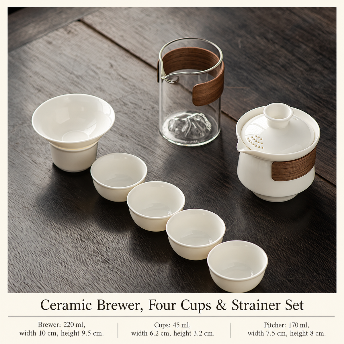 Ceramic Brewer, Four Cups & Strainer Set