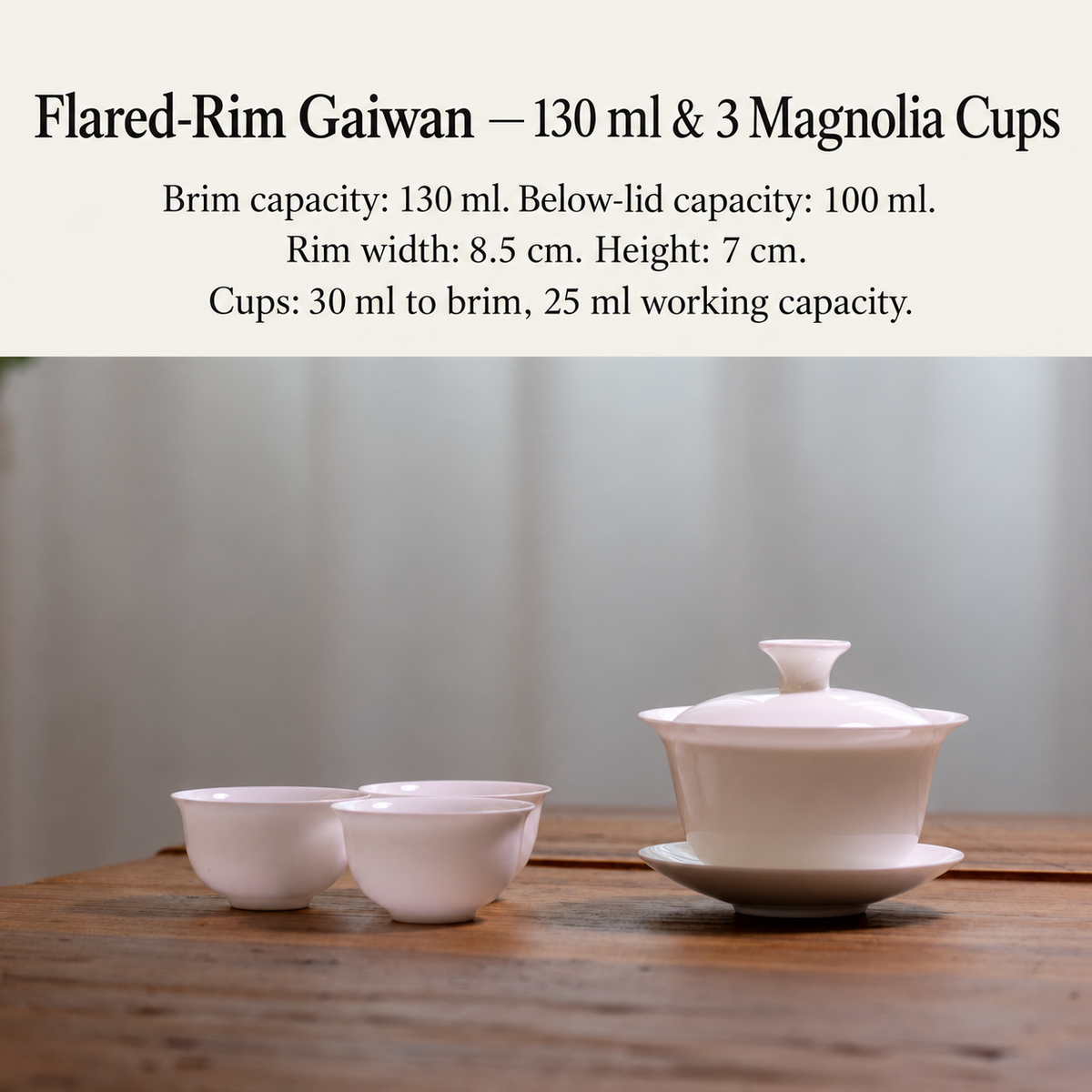 Flared-Rim Gaiwan — 130 ml & 3 Magnolia Cups