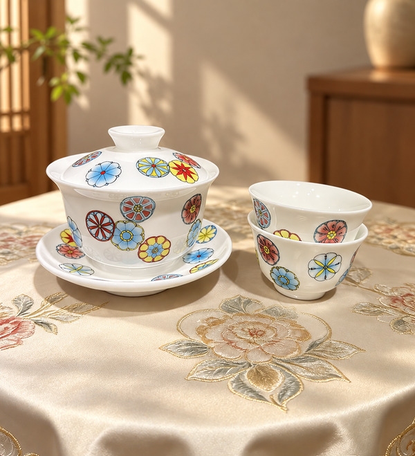 Floral Porcelain Gaiwan & Two Cups