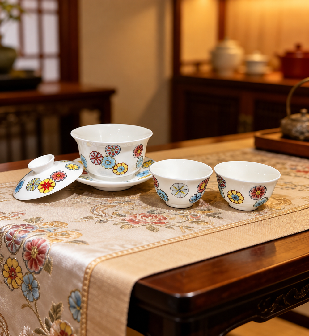 Floral Porcelain Gaiwan & Two Cups — image 3