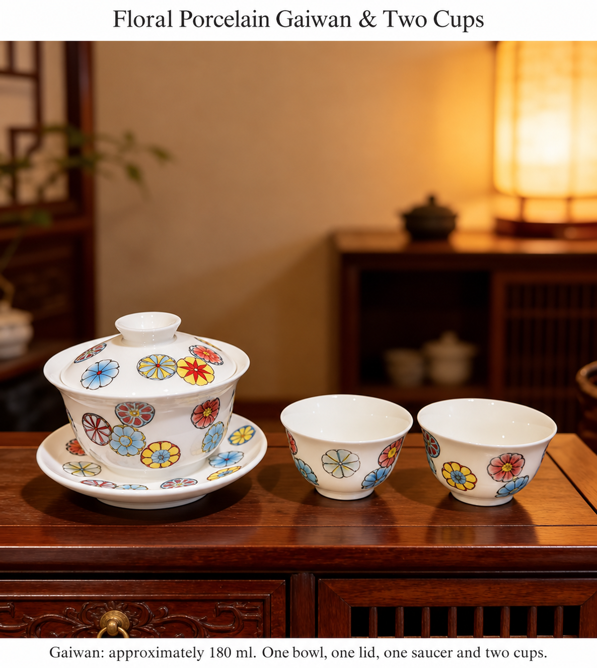 White Floral Gaiwan with Two Cups — 180 ml