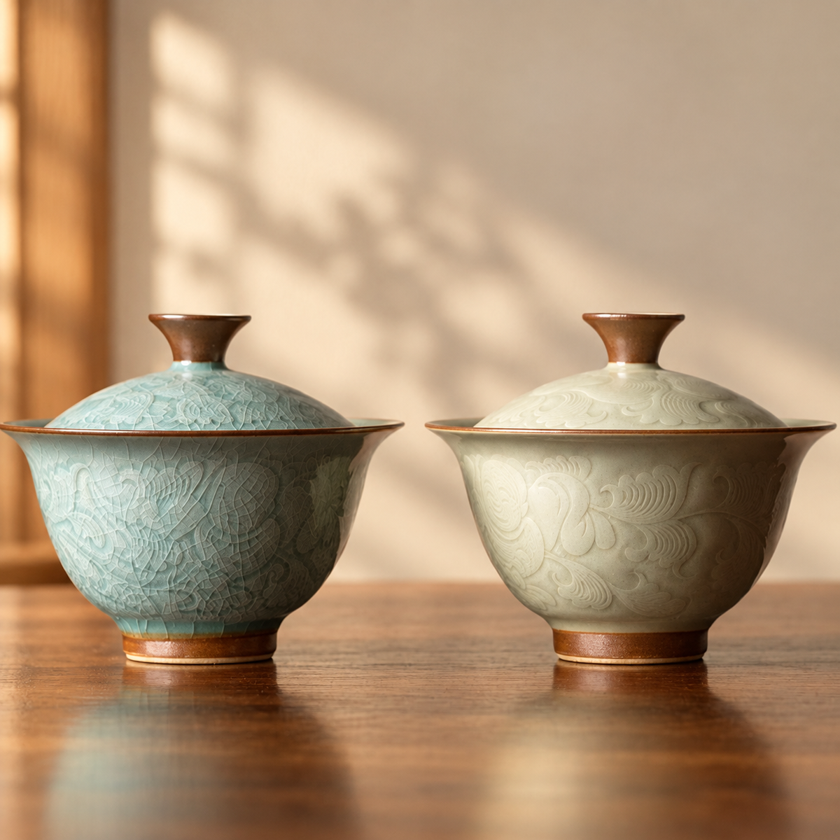 Carved Porcelain Gaiwan — Green or Beige — image 6