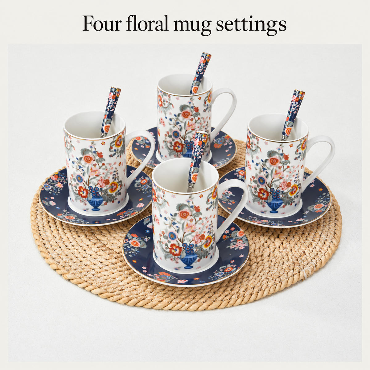 Four floral mug settings