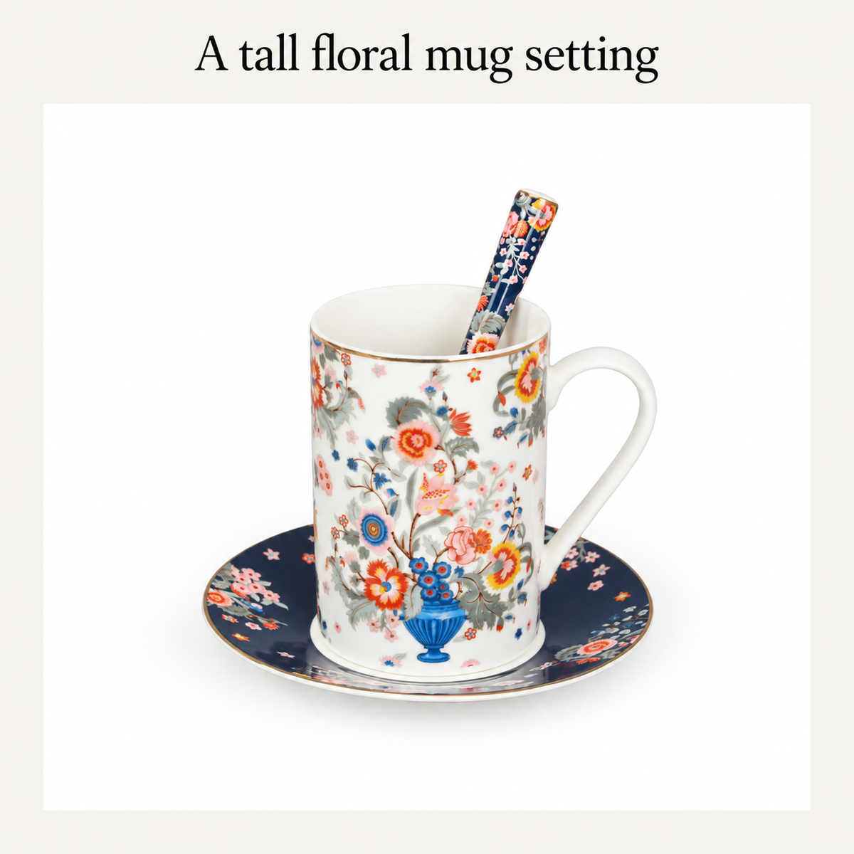 A tall floral mug setting