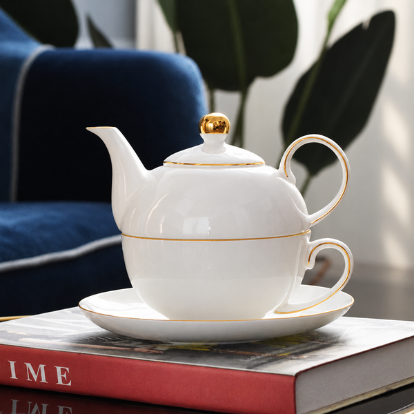 White Ceramic Tea for One with Gold-Tone Trim