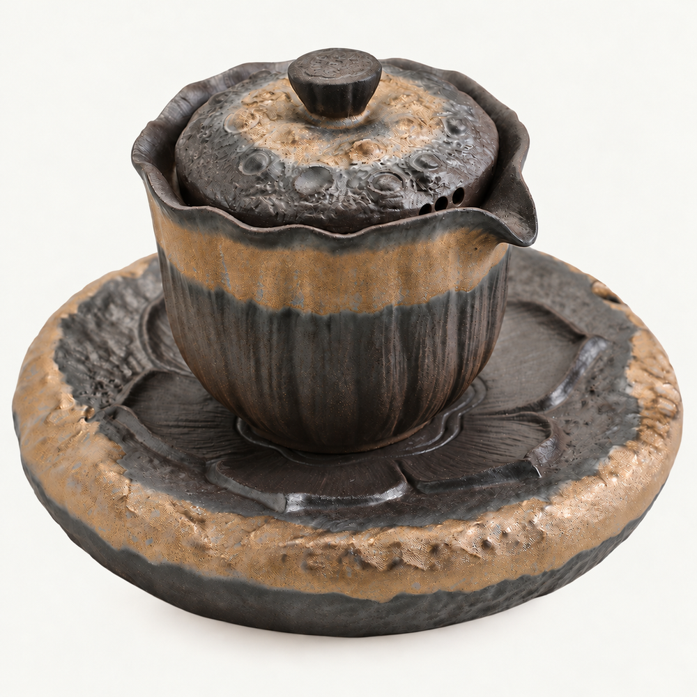 Lotus Relief Ceramic Pouring Bowl with Tray - source image 1