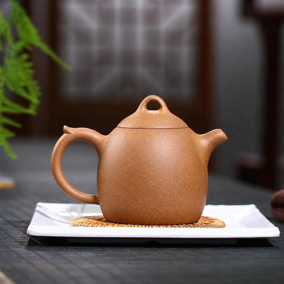 Landscape-Engraved Brown Ceramic Teapot — image 3