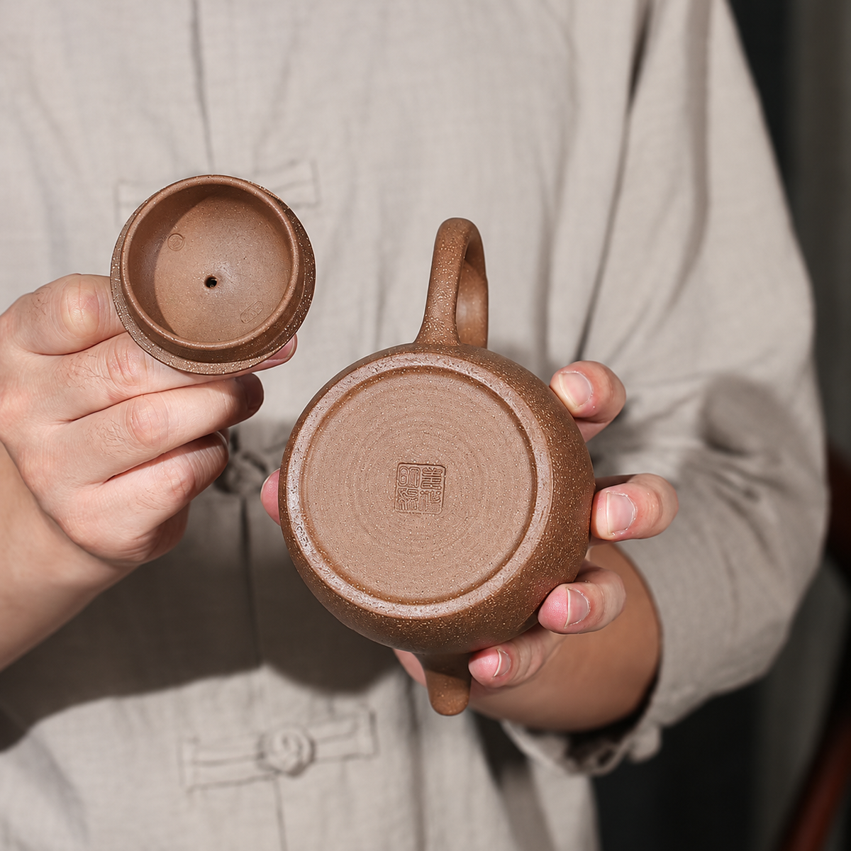Landscape-Engraved Brown Ceramic Teapot — image 6