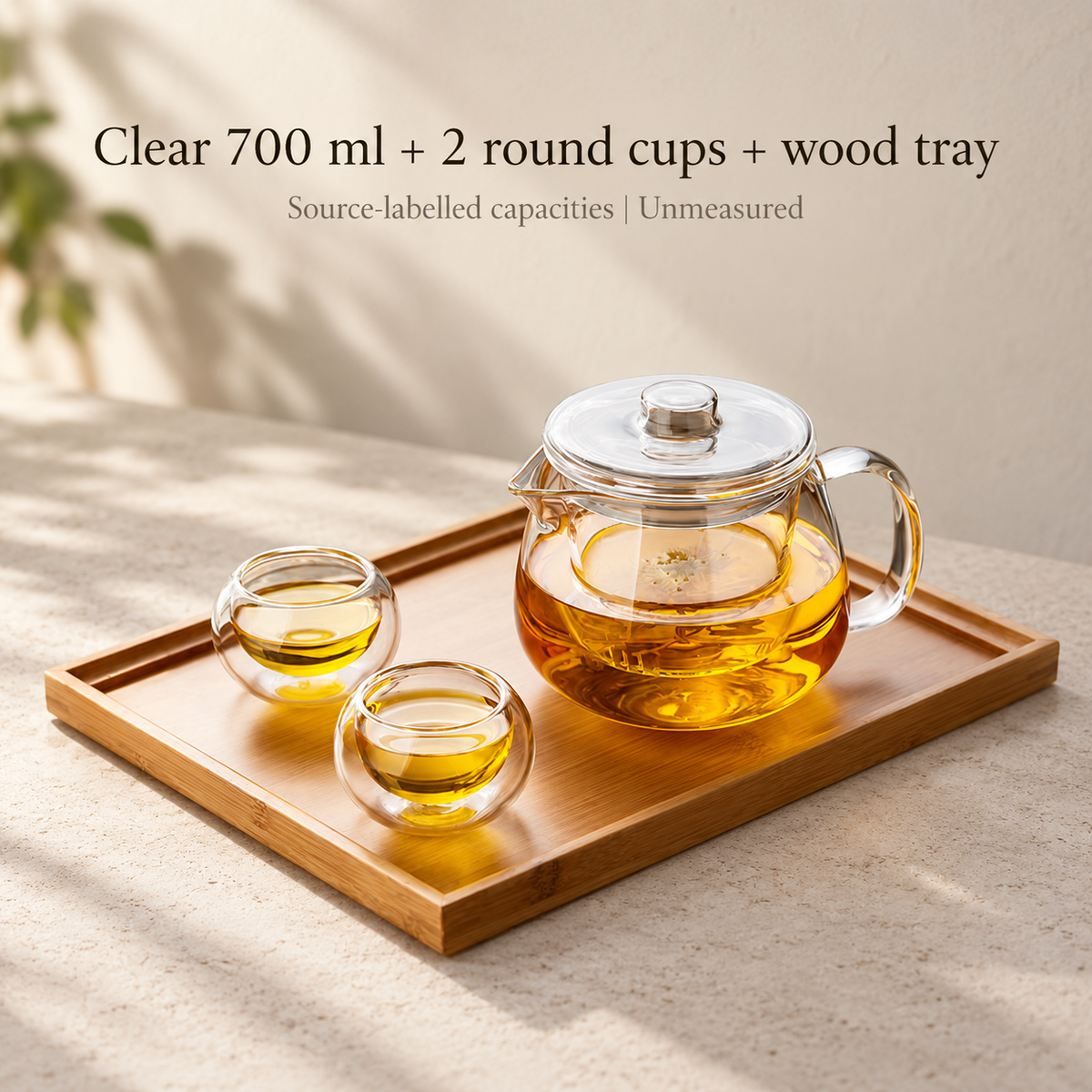 Clear 700 ml + 2 round cups + wood tray