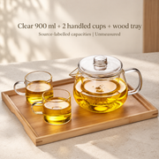 Clear 900 ml + 2 handled cups + wood tray