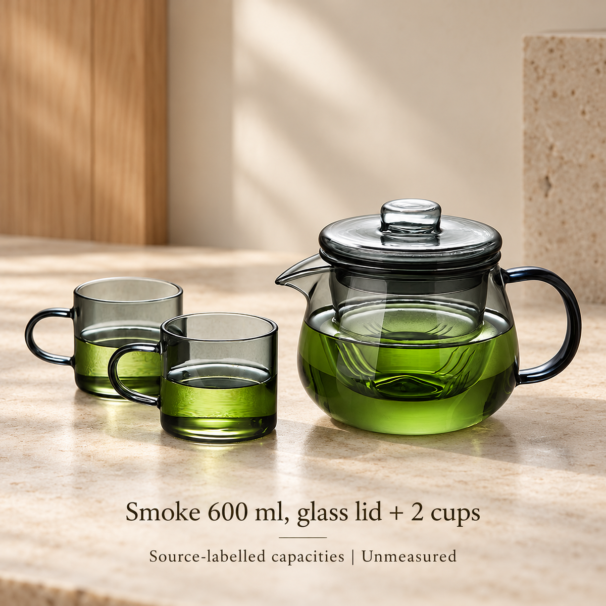 Smoke 600 ml, glass lid + 2 cups