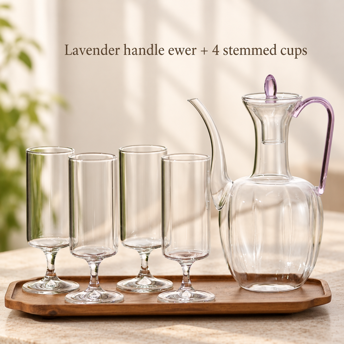 Lavender handle ewer + 4 stemmed cups