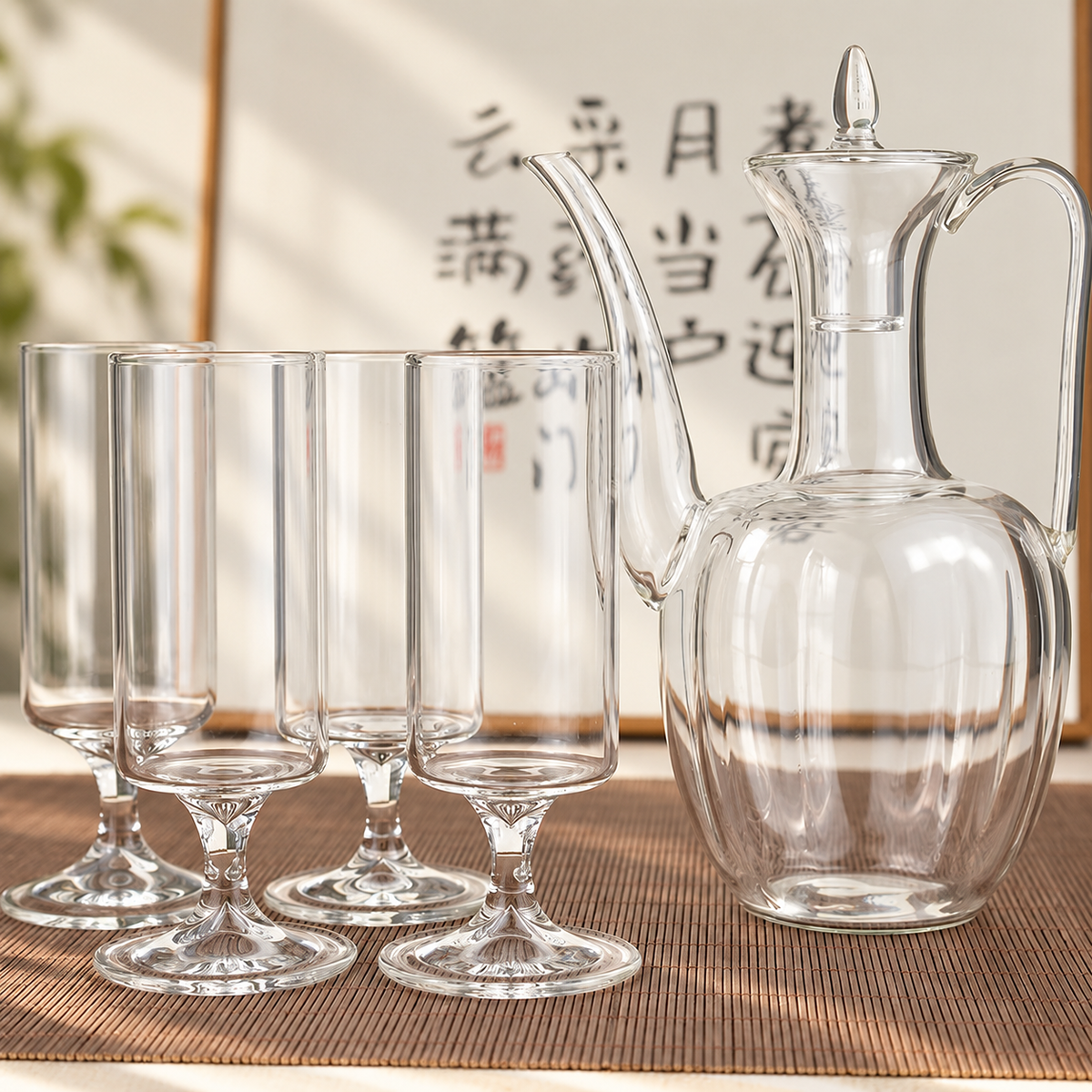 Glass ewer + 4 stem glasses