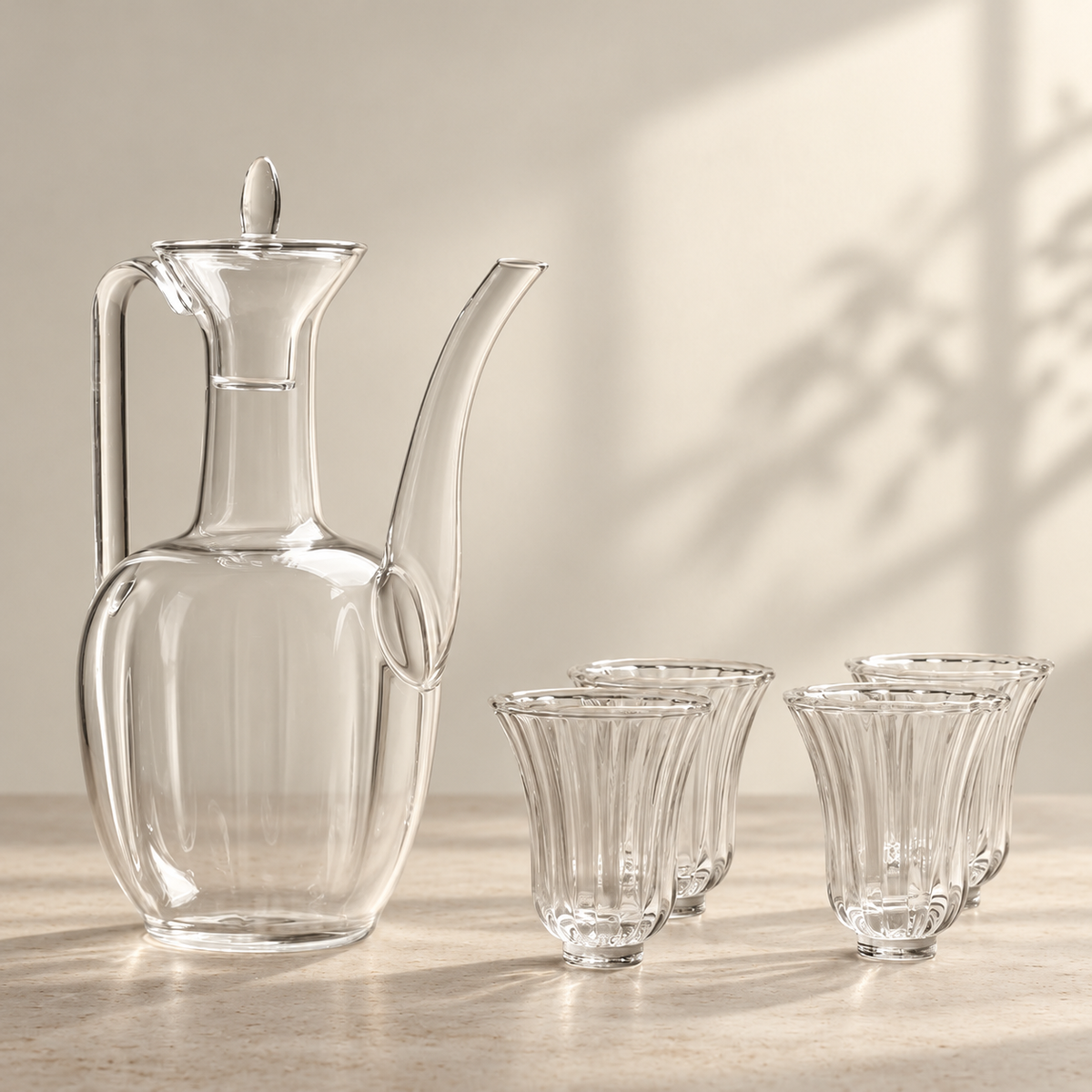 Glass ewer + 4 Hua Shen fluted cups