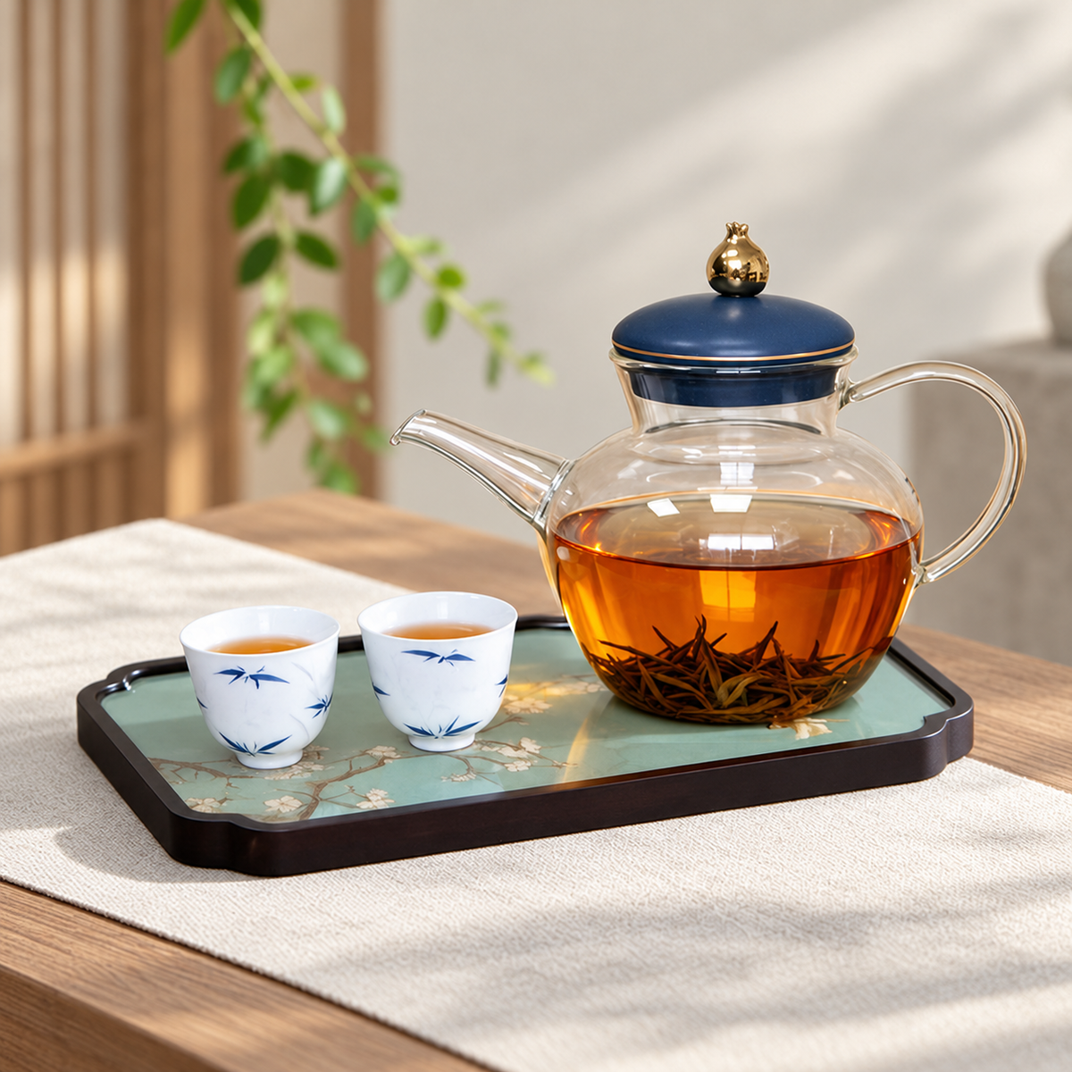Hua Qing / blue lid / 2 blue bamboo cups / Blossom & Birds tray
