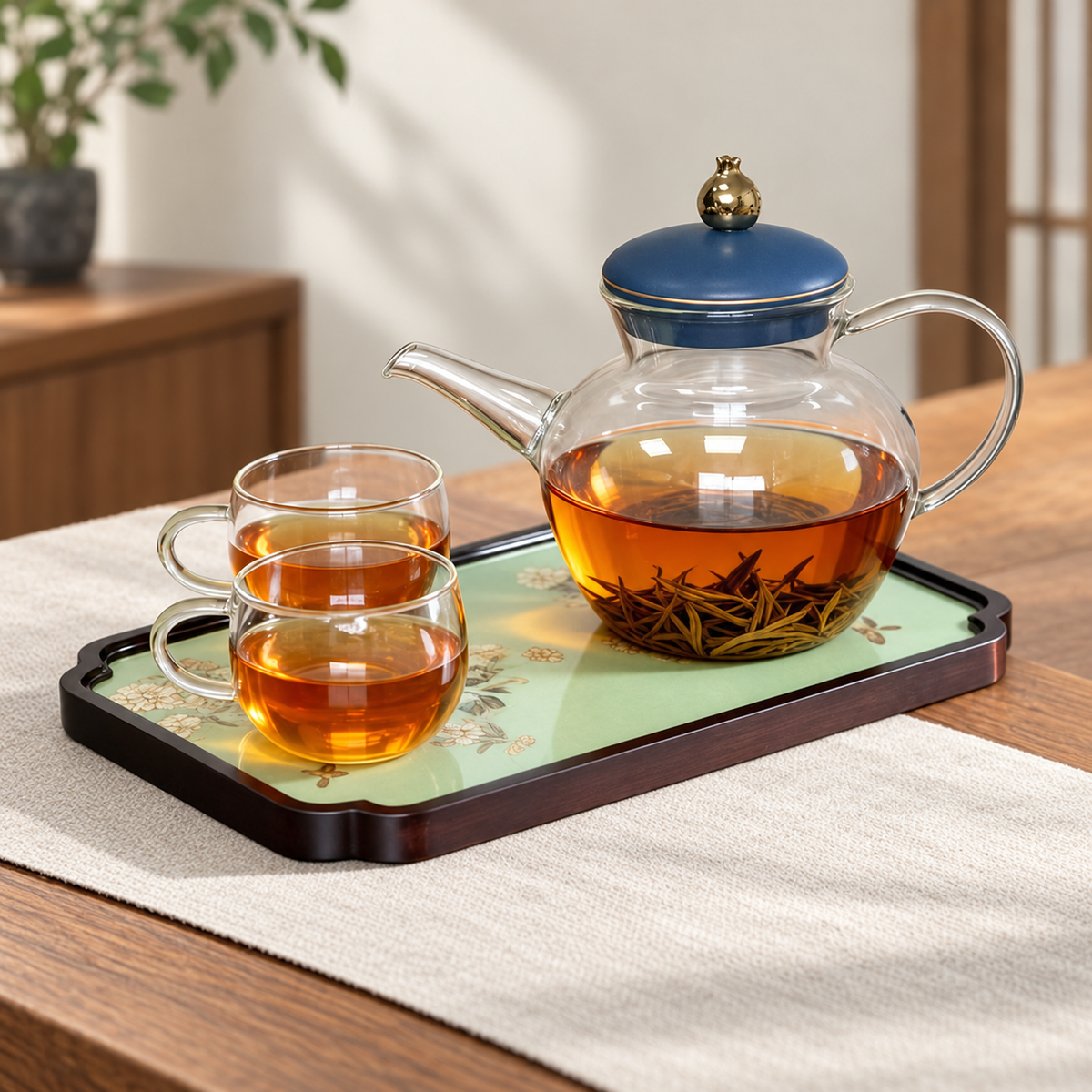 Hua Qing / blue lid / 2 glass cups / Floral & Birds tray