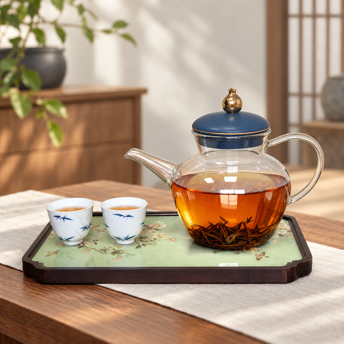 Hua Qing / blue lid / 2 blue bamboo cups / Floral & Birds tray