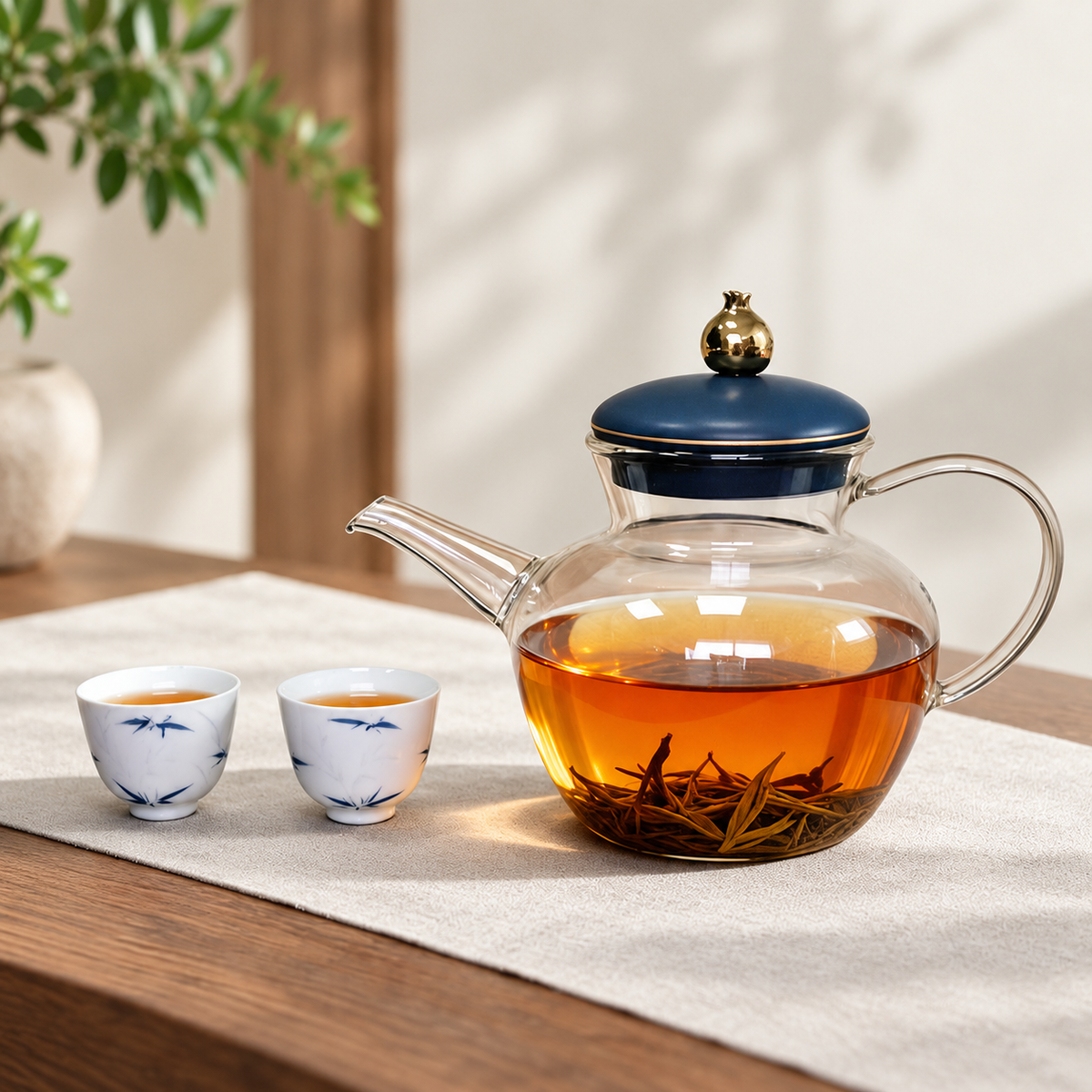 Hua Qing / blue lid / 2 blue bamboo cups