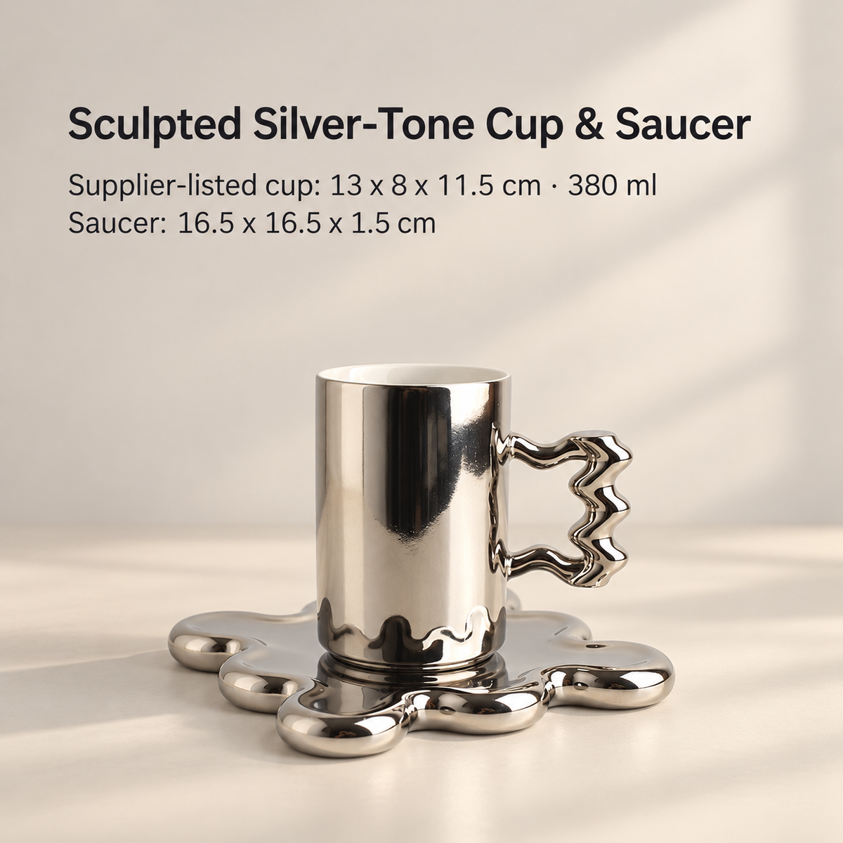 Sculpted Silver-Tone Cup & Saucer