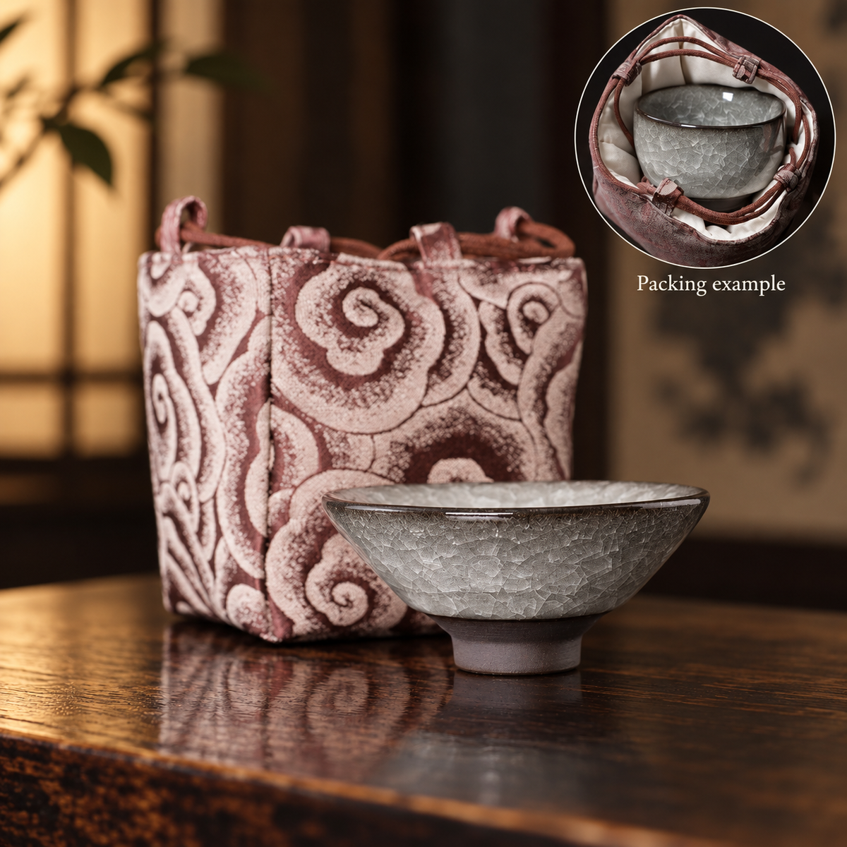 Douli / Shallow conical cup / Single cup with cloud-pattern pouch