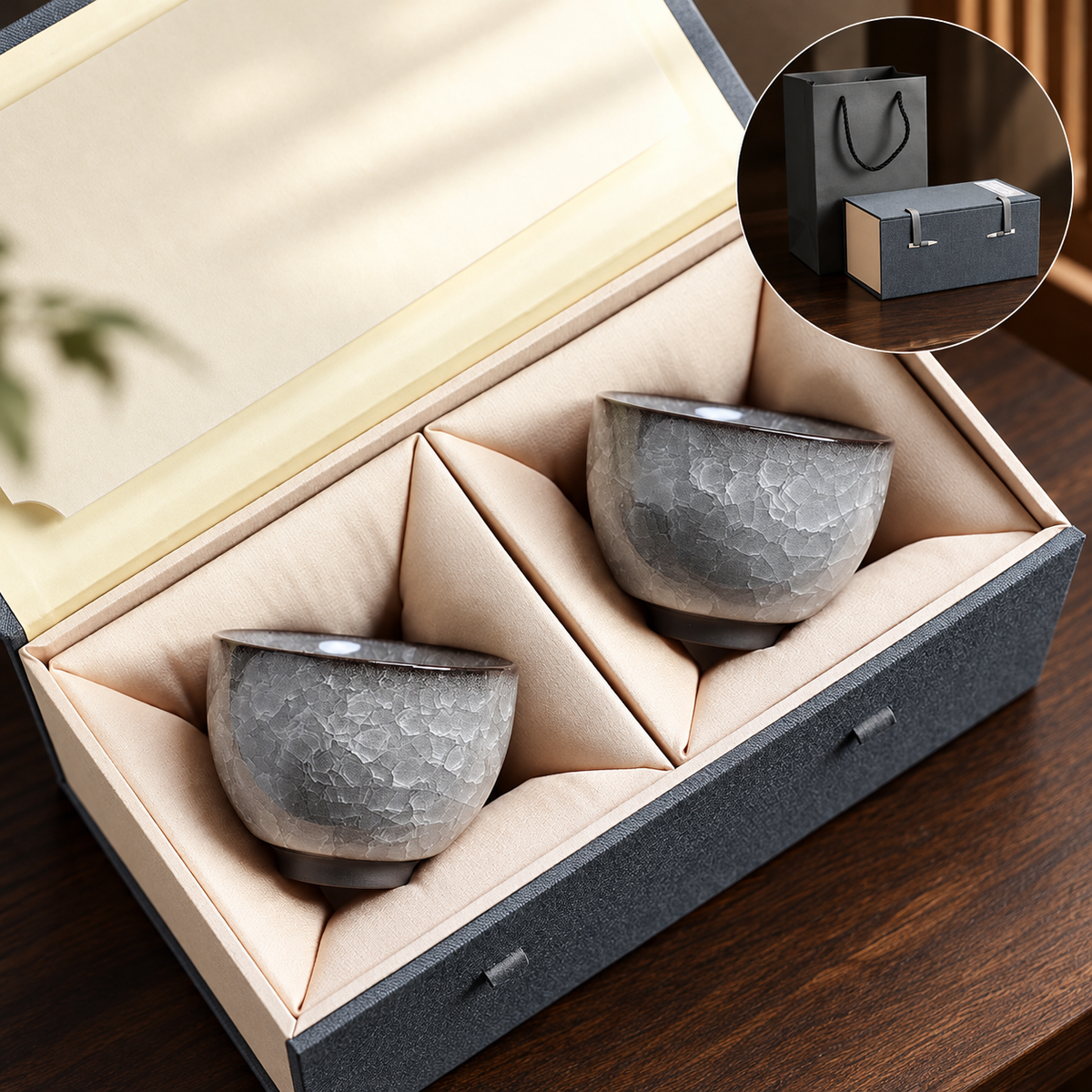 Meiren / Bowl cup / Two cups in blue-grey box