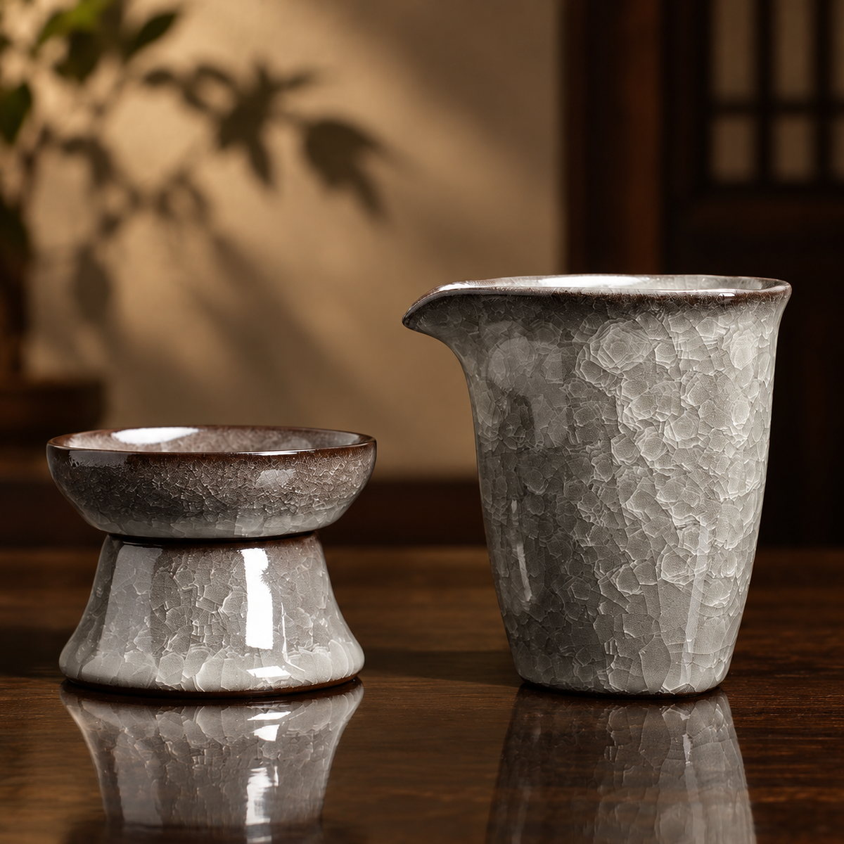 Serving pitcher with strainer and stand