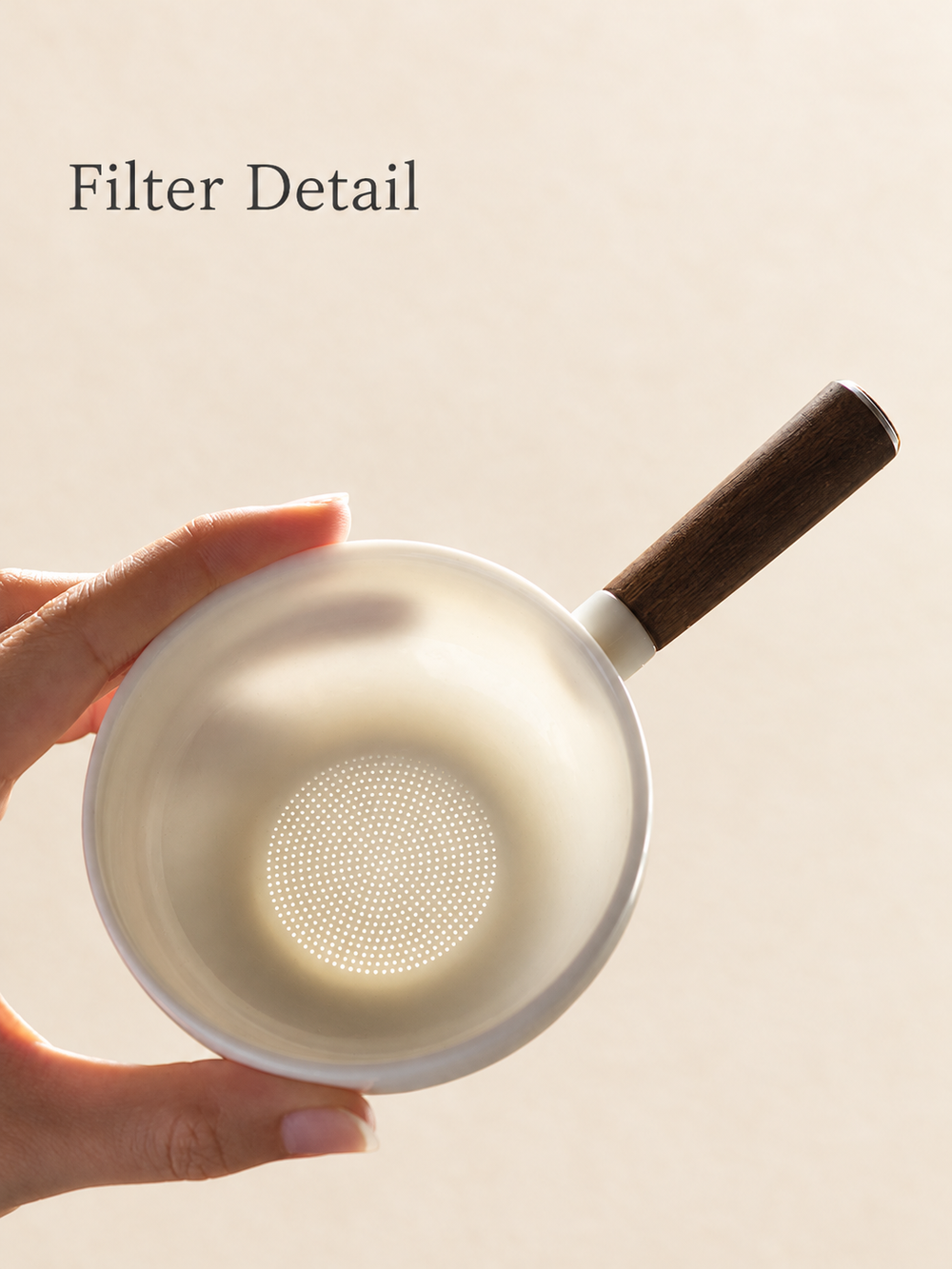White Ceramic Tea Filter with Wooden Handle and Matching Rest — image 1