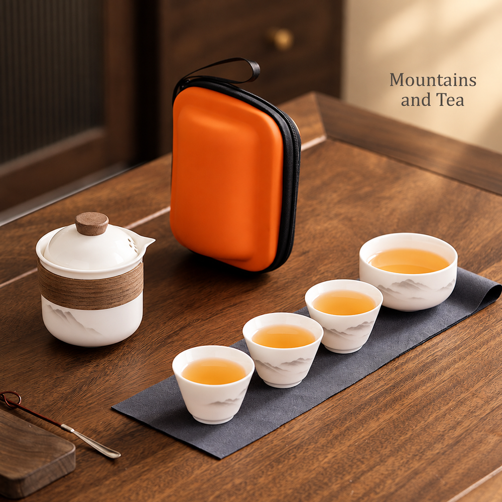 Ceramic Travel Tea Set with Orange Case — image 1