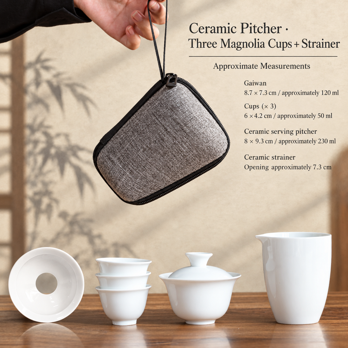 Ceramic Pitcher · Three Magnolia Cups + Strainer