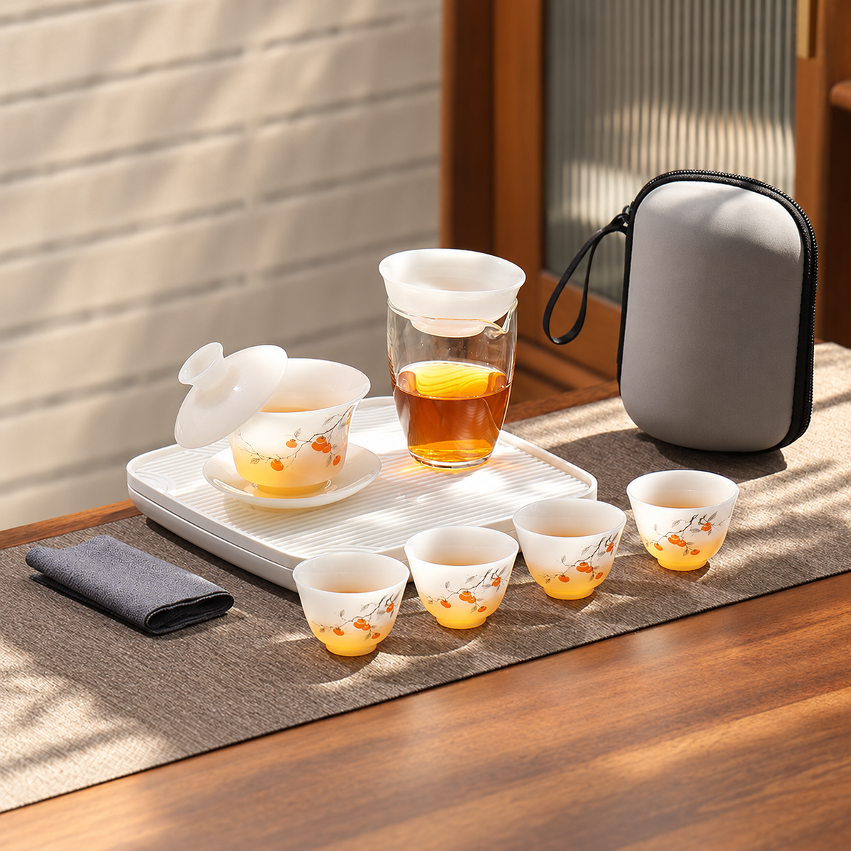 Persimmon Branches · Translucent White · Four Cups · With Tray