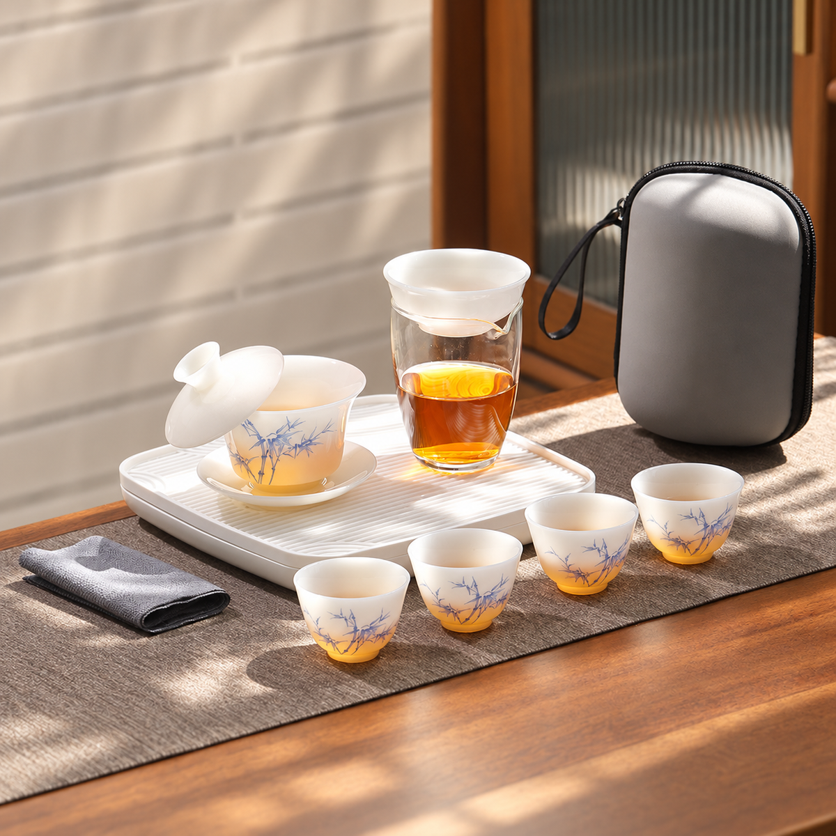 Blue Bamboo · Translucent White · Four Cups · With Tray