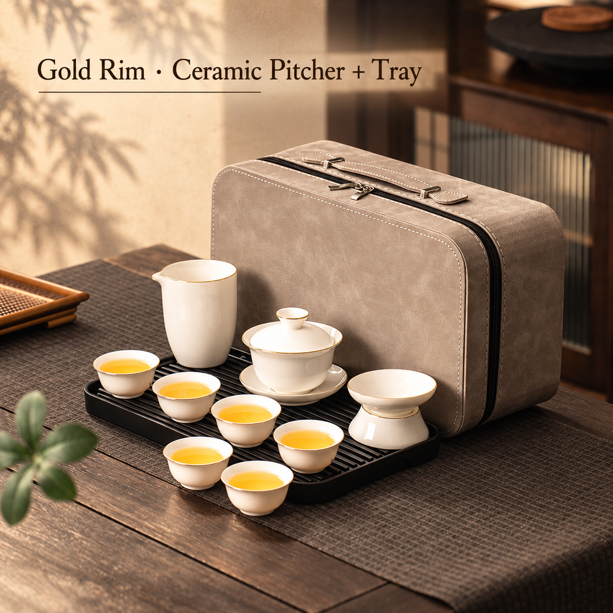 Gold Rim · Ceramic Pitcher + Tray