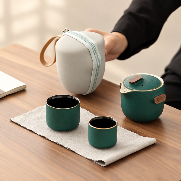 Wood-Accent Ceramic Travel Tea Set