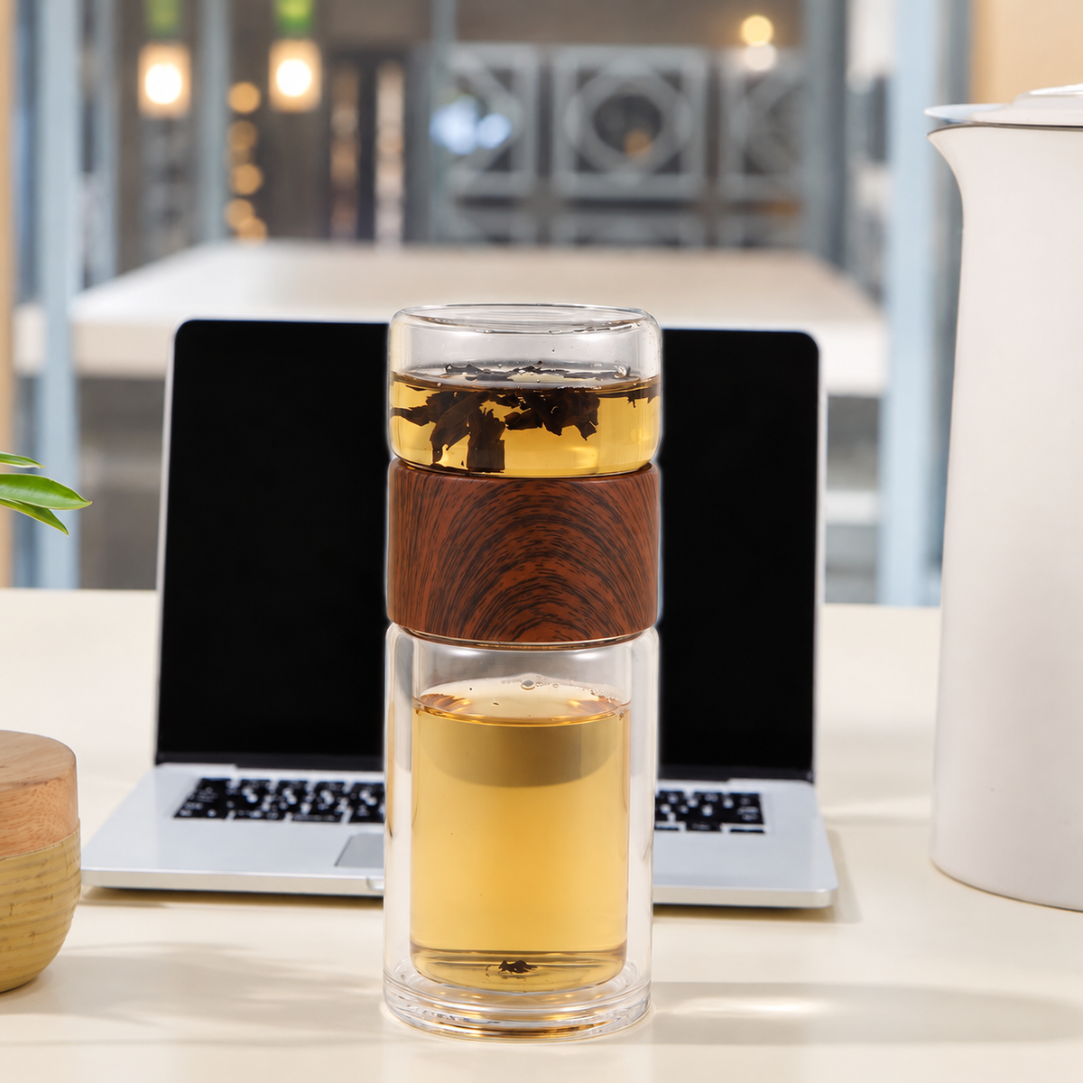 Glass Tea Infuser with Wood-Grain Collar — image 3