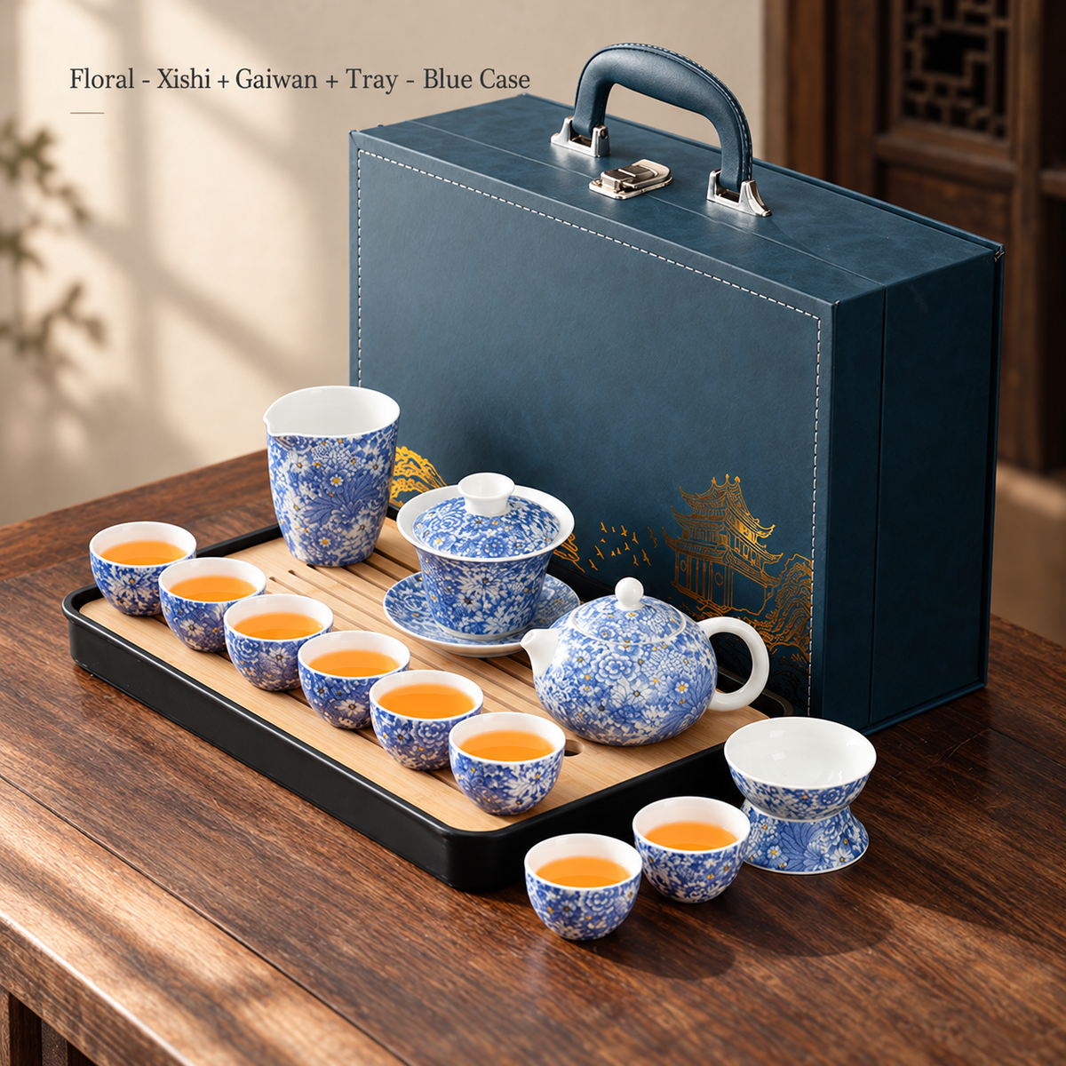 Floral - Xishi + Gaiwan + Tray - Blue Case