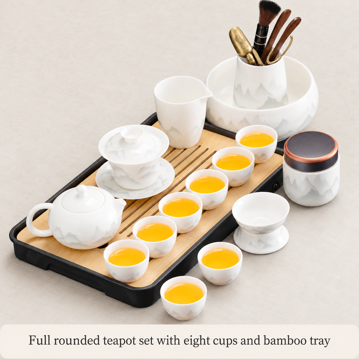 Rounded teapot — 8 cups, full bamboo-tray arrangement