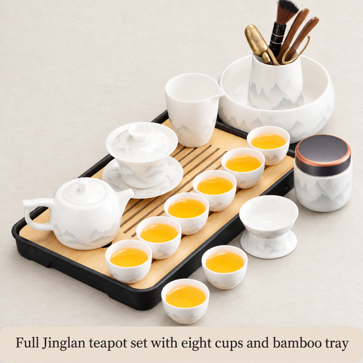 Jinglan teapot — 8 cups, full bamboo-tray arrangement