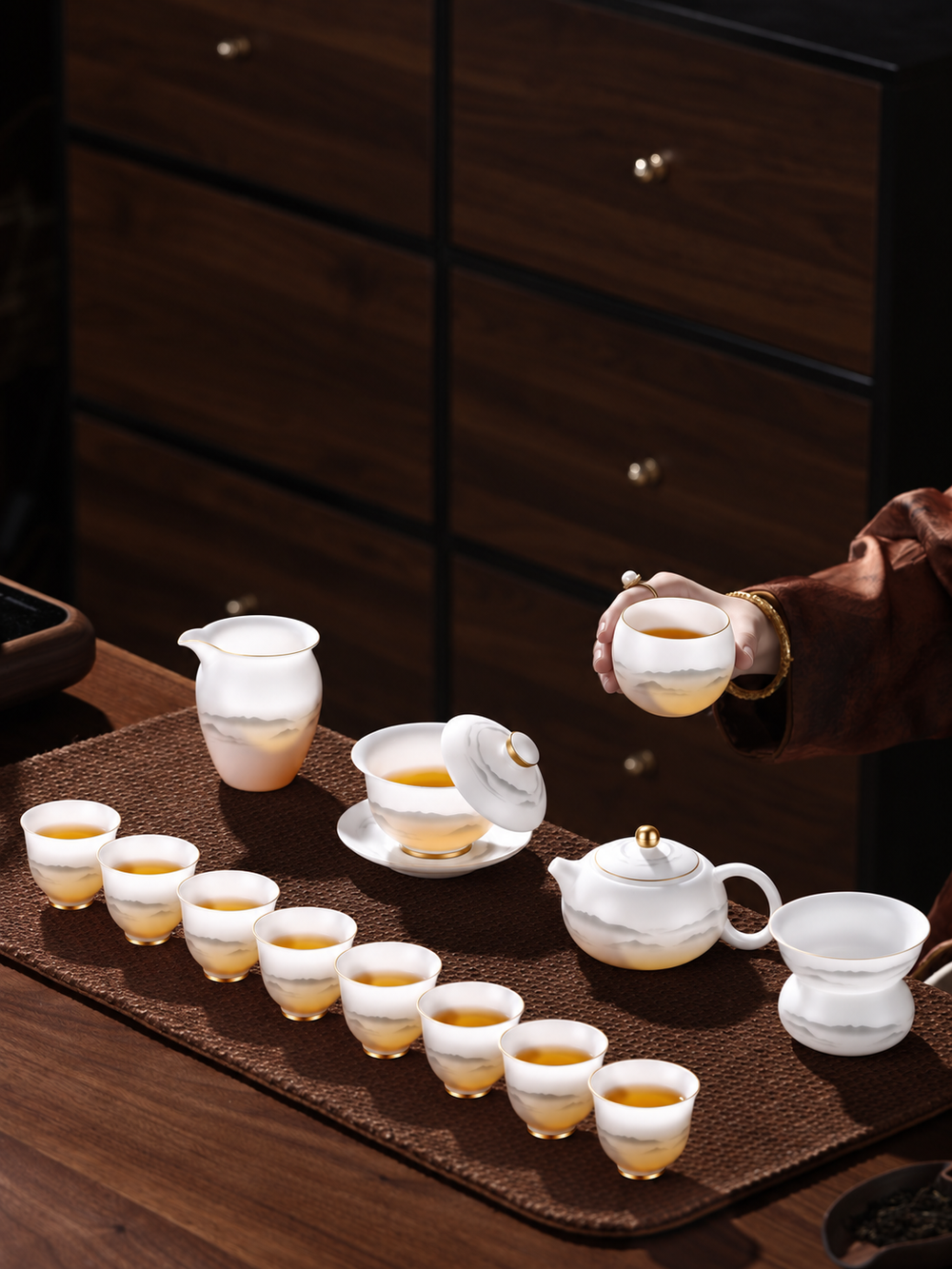 Ink Landscape and Blue Floral Ceramic Gongfu Tea Sets — image 1