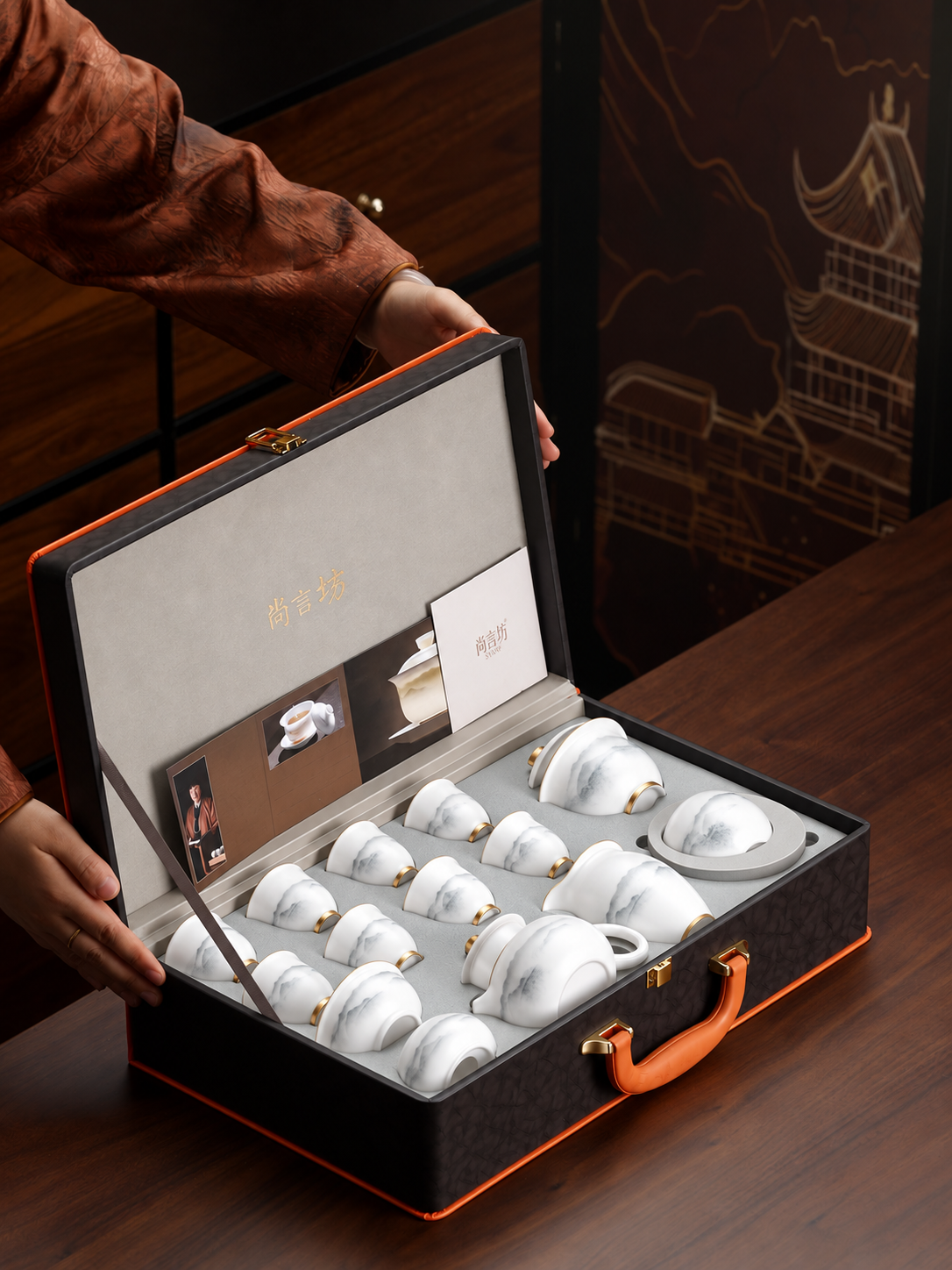 Ink Landscape and Blue Floral Ceramic Gongfu Tea Sets — image 5