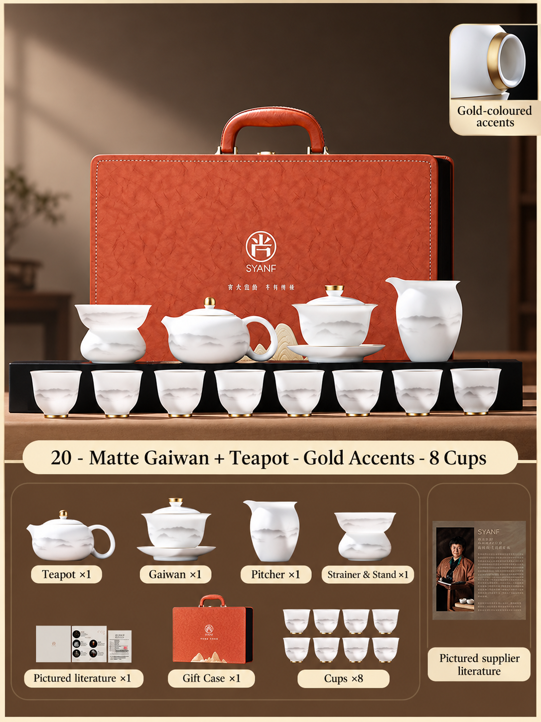 20 - Matte Gaiwan + Teapot - Gold Accents - 8 Cups