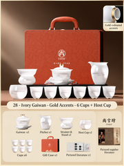 28 - Ivory Gaiwan - Gold Accents - 6 Cups + Host Cup