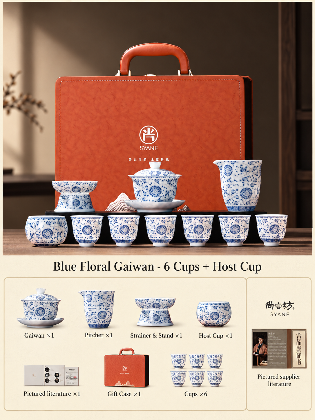 Blue Floral Gaiwan - 6 Cups + Host Cup
