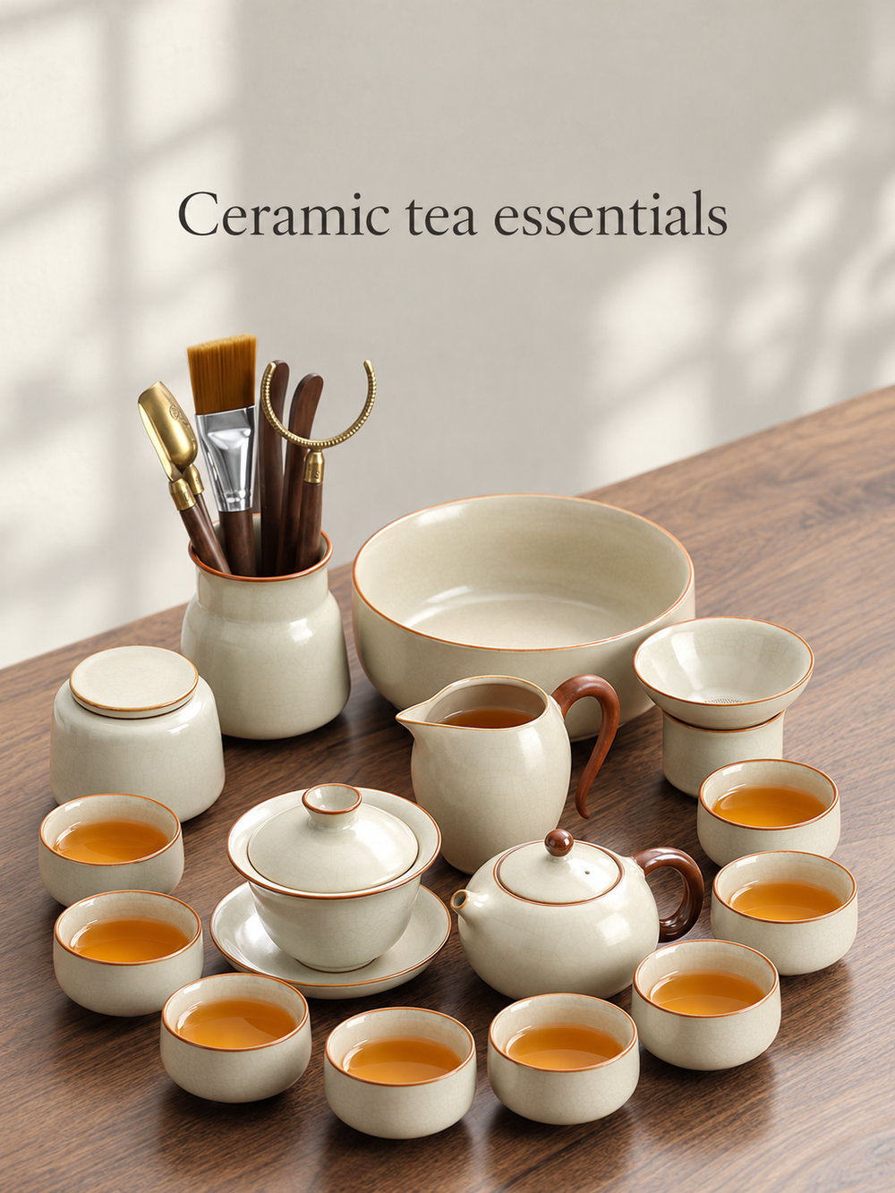 Crackle-Glaze Gongfu Tea Set with Warm Brown Details — image 3