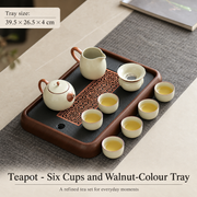 Teapot - Six Cups and Walnut-Colour Tray
