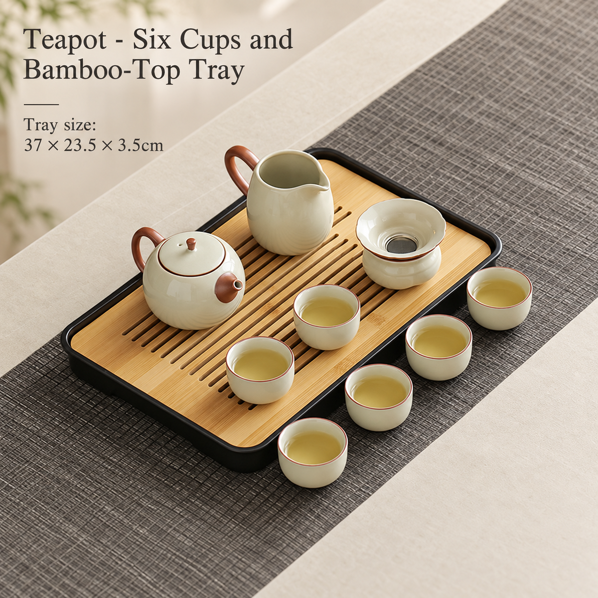 Teapot - Six Cups and Bamboo-Top Tray