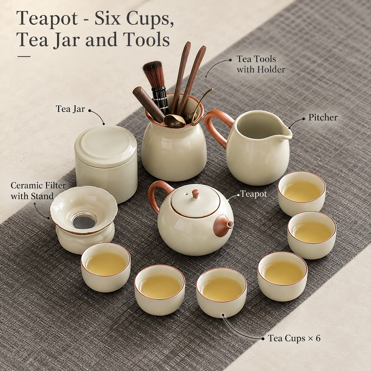 Teapot - Six Cups, Tea Jar and Tools